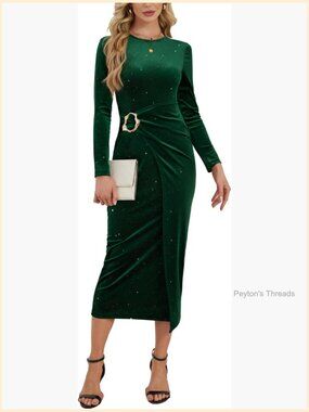 Long Sleeve Velvet Bodycon Dress Sequin Glitter Wrap Midi Dress